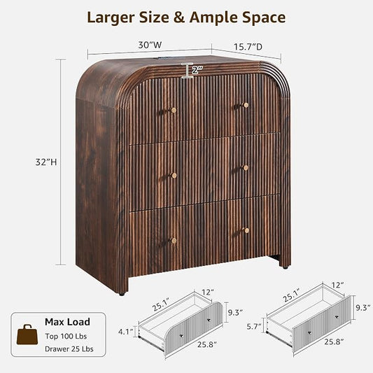 T4TREAM Fluted Dresser with 3 Drawers, 32" Tall Modern Chest of Drawers with Thickened Curved Profile Design, Wood Closet Clothes Storage Organizer for Bedroom, Living Room, Hallway, Dark Walnut