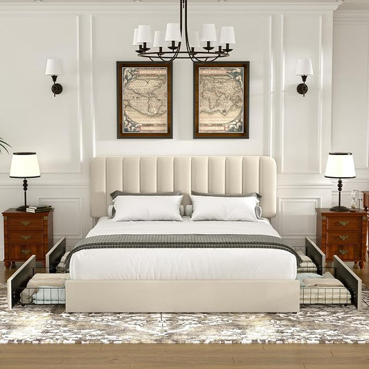 VECELO King Size Upholstered Bed Frame with 4 Drawers and Headboard, Velvet Platform Storage Bedframe, Wooden Slats Support, No Box Spring Needed,Bone Beige