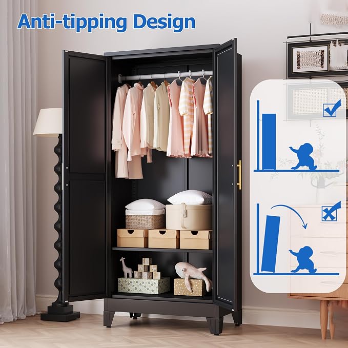 GAIOUS Metal Wardrobe Cabinet with Mirror and Hanging Rod, 71" Black | Clothing Storage Cabinets with 2 Doors and Adjustable Shelves, Armoire Wardrobe Closet for Bedroom, Laundry Room, Cloak Room