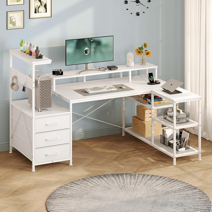 YOMILUVE White Gaming Desk with Drawers & Storage Shelves, L-Shaped Gaming Desk with Power Outlets & LED Light, Reversible Computer Desk with Monitor Stand & Hooks for Home Office