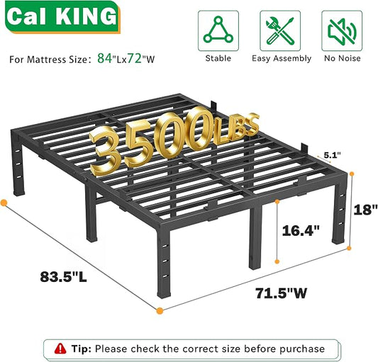 18 Inch Cal King Bed Frames, Heavy Duty Metal California Platform 3500 lbs Capacity, No Box Spring Needed, 6 Mattress Slide Stopper, Headboard Holes, Noise-Free, Easy Assembly, Black
