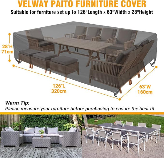 Velway Patio Furniture Cover Waterproof Outdoor Sectional Sofa Set Covers, All Weather Oxford Tear-Resistant Rectangular Table Chair Set Cover with Windproof Design, Large 126x63x28 Inch, Black