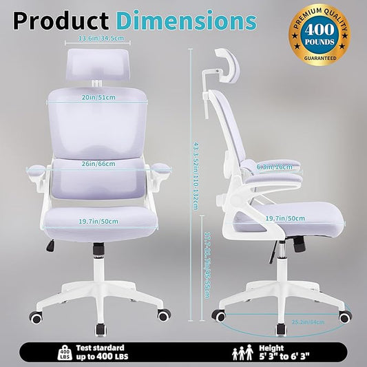 Ergonomic Office Chair,Mesh Office Chair with Lumbar Support,High Back Desk Chair with Flip-up Arms,400 lbs Big and Tall Computer Chair with Headrest,Comfy Desk Chairs (Lavender)