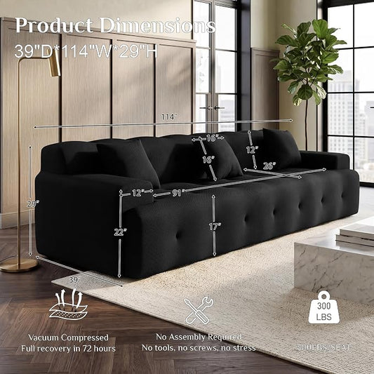 OUYESSIR 114" Boneless Couch,Cloud Couch,3D Mesh Fabric Comfy Sofa,3 Seater Modern Curved Sofa for Living Room,Bedroom and Apartment,No Assembly Required,Black