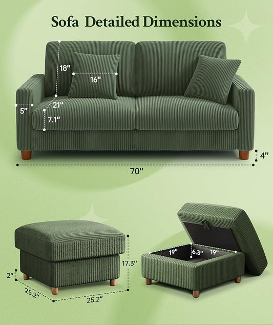Welzona 70.2" Couches for living room, Comfy U Shaped Couch Green 7.1" Thicker Cushion, Sofas for Living Room Tool-Free Setup, Loveseat with Ottoman 7058lbs Support, Corduroy Couch for Bedroom, Office