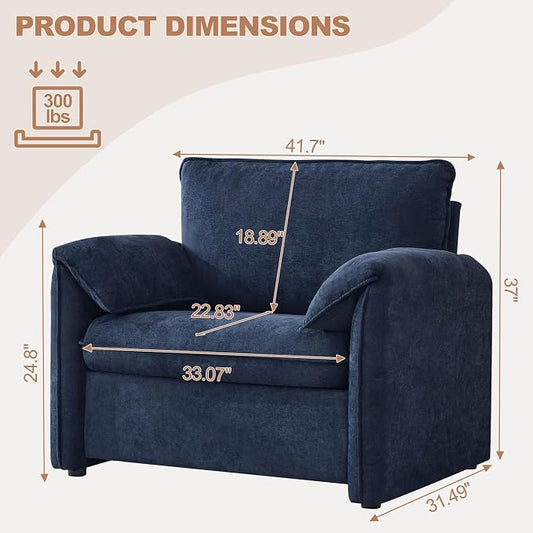 Oversized Accent Chair for Living Room, 41.73" Modern Armchair Set of 2 with Deep Seat, Mid-Century Comfy Reading Chair with Padded Arms, Large Chenille Single Sofa Chairs for Bedroom, Blue