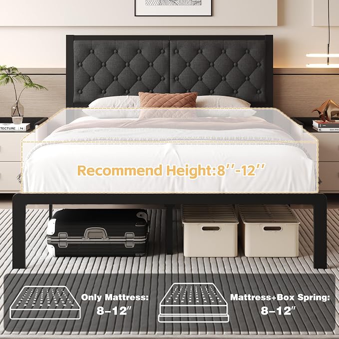 Fluest Queen Bed Frame with Headboard Linen Upholstered Bed Frame Platform,All Metal Slats Support Platform Bed Frame with Storage Space,Easy Assembly,Noise Free,No Box Spring Needed,Grey