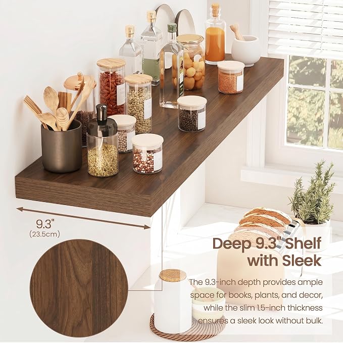 Vivelove Walnut Floating Shelves 32 Inches Long, Wall Display Shelves with Invisible Brackets, for Bathroom Living Room Kitchen Bedroom Office Farmhouse Home Decor, 32x9.3X 1.5 - Set of 2, Walnut