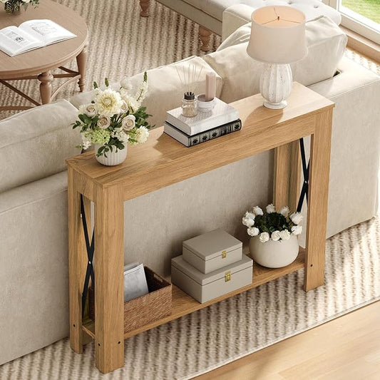 YATINEY Farmhouse Console Table, 39.4'' Small Narrow Entryway Table, Wood Couch Table Behind Sofa with Storage Shelf, Slim Farmhouse Hallway Table for Living Room, Hallway, Foyer, Light Walnut CT34VV