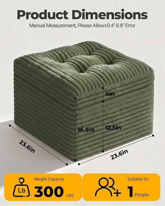 23.6in Pouf Ottoman, Corduroy Ottoman Foot Rest with Dual‑Layer Support, Large Poofy Pouf with Soft Chunk‑Foam Top & Firm Foam Base, Floor Foot Stool for Living Room, Green
