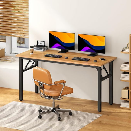DlandHome Computer Desk, 59.8Inch Office Desk Computer Table, Study Writing Study Desk for Home Office, Teak and Black
