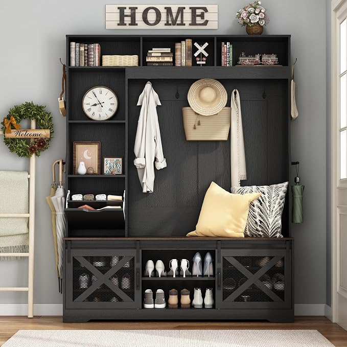 75''H 59''W Large LED Farmhouse Hall Tree with Bench and Shoe Storage,Entryway Bench with Coat Rack,16 Shoe Cubbies & Umbrella Holder and Sock Storage Drawer,Mudroom/Hallway Storages Cabinet(black)