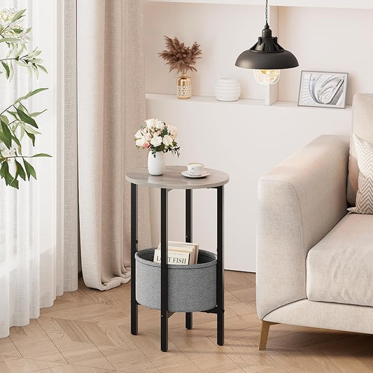 Vagusicc Round Side Table End Table with Storage Basket, Small Side Table Round Nightstand for Small Spaces, Tall Oval End Table with Steel Frame, Coffee Bedside Table for Living Room Bedroom, Greige