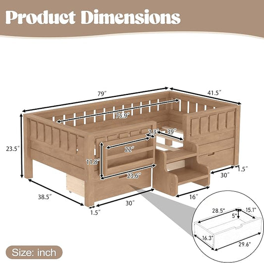 Bellemave Twin Montessori Bed with Stairs, Rails and Slats, Twin Size Montessori Floor Bed with Bookshelf and 2 Storage Drawers, Easy Assemble Beds Frame for Girls, Boys, Natural
