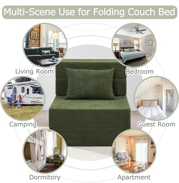 Folding Sofa Bed, 4 in 1 Convertible Sleeper Chair with Pillow, Single Memory Foam Fold Out Chair Bed, Modern Floor Futon Sofa Couch Mattress for Living Room/Guest/Apartment, Green | Convertible