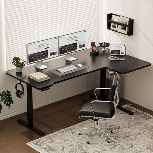 Acrolix L Shaped Electric Standing Desk - 71x43.5 Inch Reversible Corner Sit Stand Desk with Hook&Cup Holder,Electric Height Adjustable Table,for Home Office Gaming&Trading Computer Desk, Black