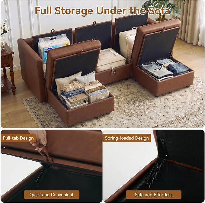 80" Brown Faux Leather Storage 3 Seater Sofa with 2 Ottomans, Comfy Couch | Convertible Modular Sectional Sofa, U Shaped Oversized Couch, Upholstered Large Cloud Couch For Living Room, Apartment.