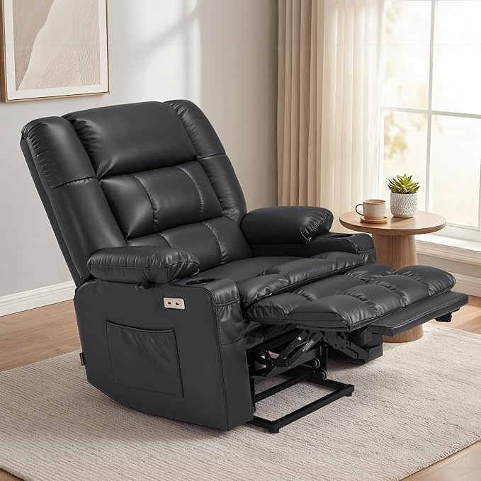 MCombo Dual Motor Power Lift Recliner Chair for Elderly, Lay Flat Lift Chair with Heat and Massage, Oversized Lift Recliner for Big and Tall, Faux Leather R7891 (Black, Large-Wide)