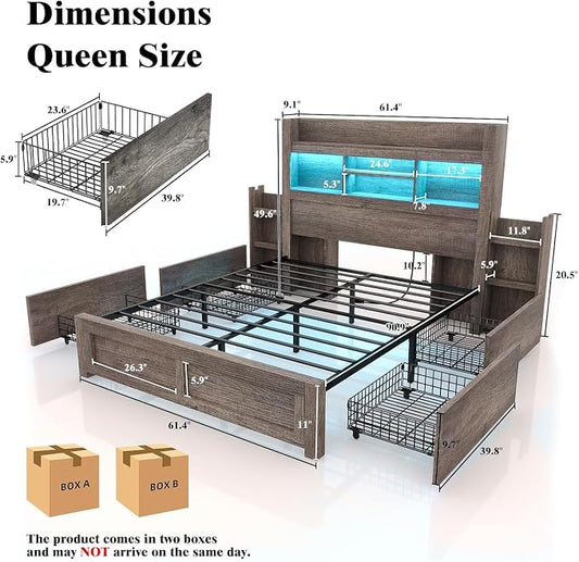 LUXOAK Queen Bed Frame with 49.6" Bookcase Headboard & 4 Drawers & 2 Detachable Bedside Stoage Racks, Farmhouse Wood Bed Frame with RGB LED & Charging Station, No Box Spring Needed, Grey