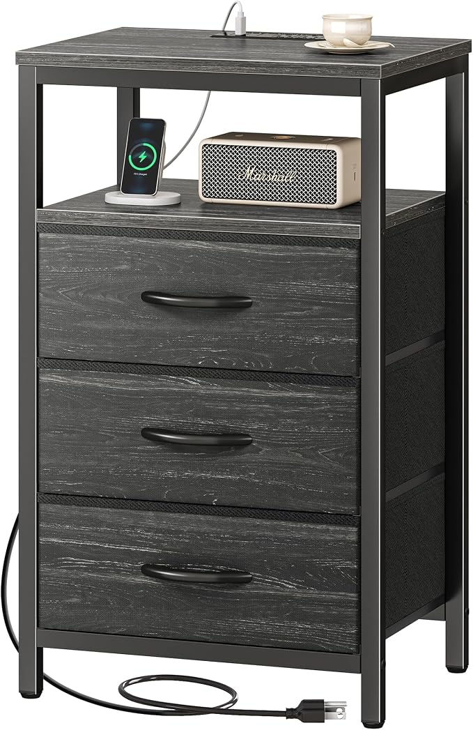 Huuger Nightstand with Charging Station, 27.6 Inch End Table Bedside Table with USB Ports and Outlets, Night Stand for Bedroom, Fabric Drawers, Charcoal Black Wood Grain Print