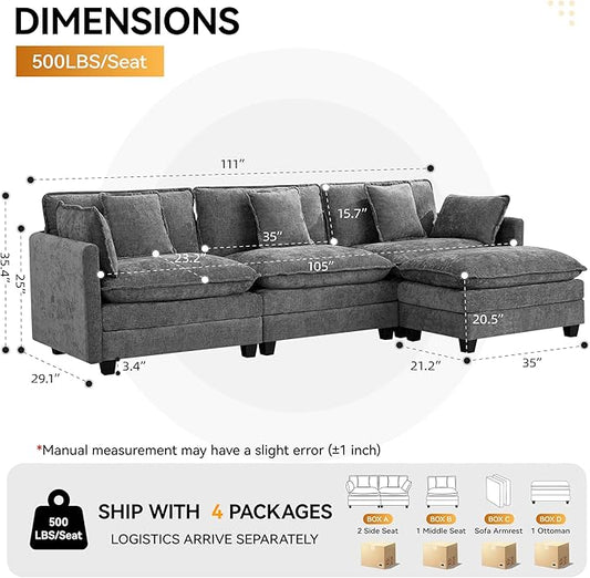 111'' Sectional Cloud Deep Seat Couch, Modern Comfy Chenille L Shaped Sectional Sofa for Living Room Set, Upholstered Modular 4-Seats Sofa Couch with 1 Movable Ottoman, Grey