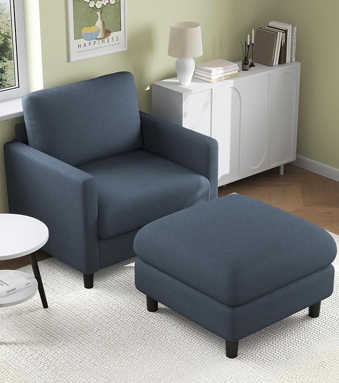 Welzona Sofa Accent Chair with Ottoman, 33" Reading Chair and Ottoman Set for Bedroom, Tool-Free Setup Living Room Accent Chairs, Comfy Arm Chairs Living Room, All-Wood Reading Nook, Blue Grey