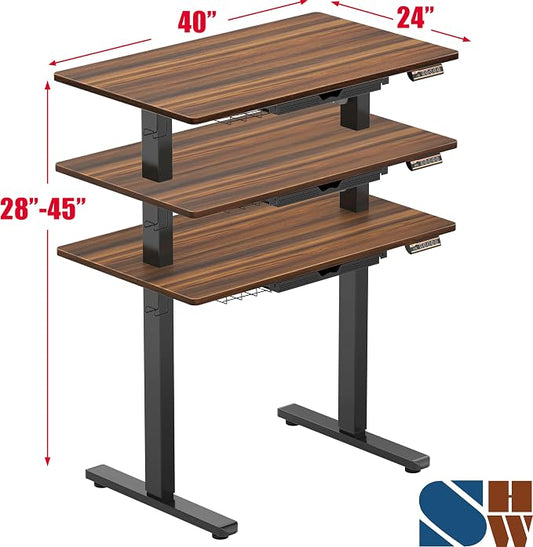 SHW 40-Inch Electric Height Adjustable Standing Desk with Drawer, Memory Preset and Cable Management Tray, Walnut
