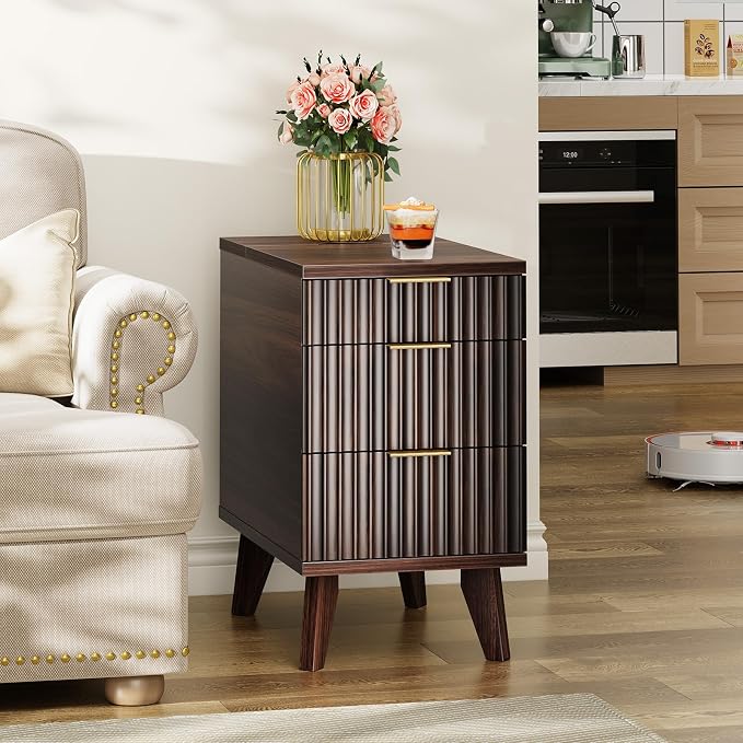 Kalrin Narrow Nightstand with Hidden Outlets & USB Ports, Modern Fluted Bedside Table with 3 Drawers, Engineering Wooden End Tables for Bedroom and Living Room(Vintage Brown)