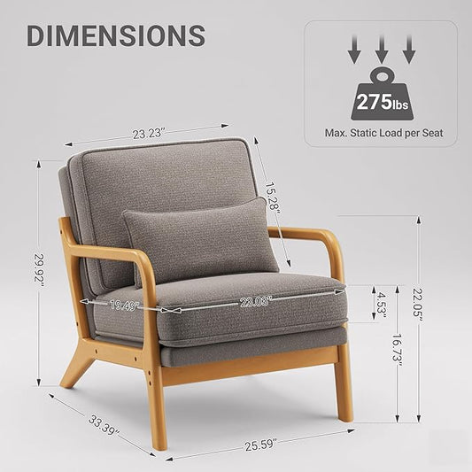 MALOL Accent Chair Set of 2 with Solid Wood Frame, Mid-Century Relaxing Armchair Lumbar Pillow& Soft Cushion, Reading Leisure Chair for Living Room, Bedroom, Waiting Room-Grey