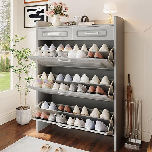 Shoe Cabinet with 3 Large Flip Drawers and 2 Storage Drawers, Narrow Shoe Organizer Cabinet Fits for Kinds of Shoes, Hidden Shoe Storage Cabinet for Entryway, Hallway, Light Grey