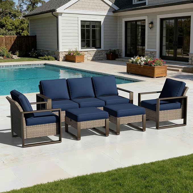 Joyside Outdoor Patio Chairs, 5 Pieces Wicker Rattan Furniture Set, 2 Patio Chairs, 1 Sofa and 2 Ottoman, Metal Wide Armrest, Thick Cushions and Deep Seating for Garden, Backyard, Porch, Deck