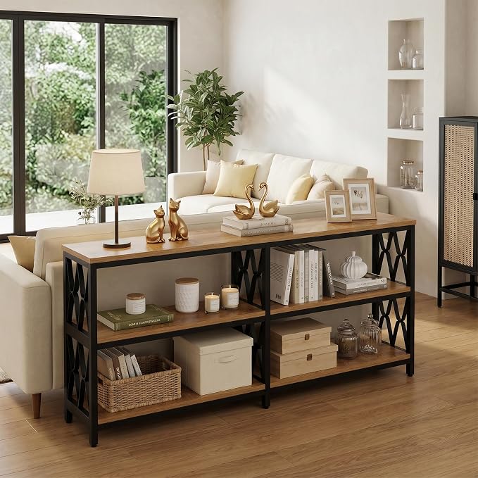 LITTLE TREE Console Table with Storage Shelves, 70.9" Industrial 3-Tier Sofa Table for Living Room, Long Foyer Table Entryway Table for Hallway, Front Door, Entrance, Natural Light Oak & Black