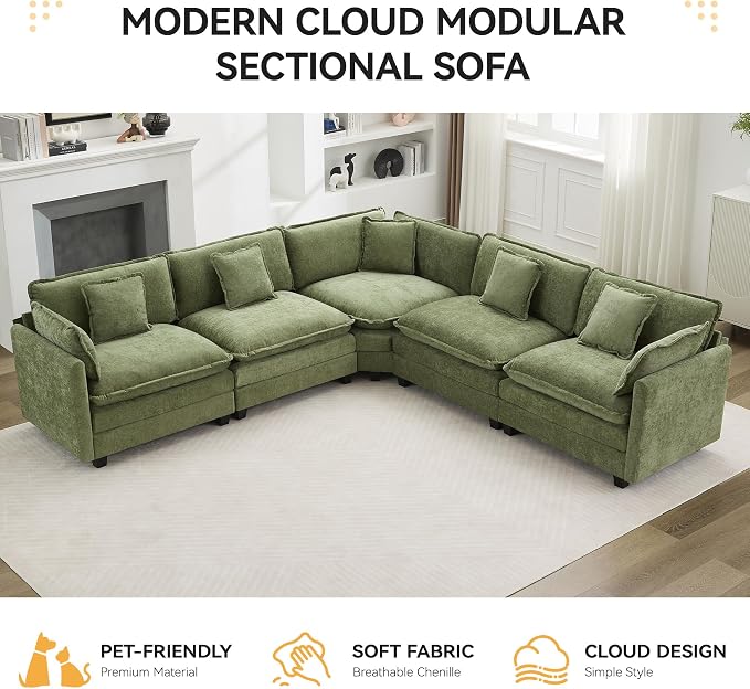 113'' V Shaped Cloud Sectional Sofa, Oversized Deep Seat Couches for Living Room, Chenille Comfy Upholstered Modular Sectional Sofa Couch, Green