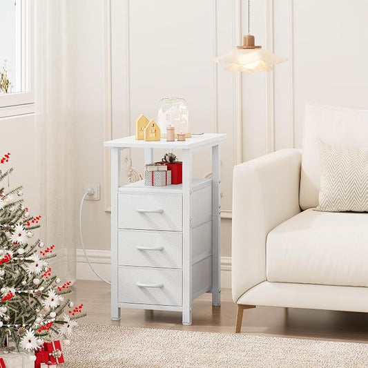 Vagusicc White End Table with Charging Station, Narrow Side Table, Narrow Nightstand with 3 Fabric Drawers, Slim Sofa Side Table for Small Spaces, Small Night Stand for Bedroom, White
