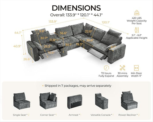 Oversized Modular Sectional Sofa with Double Power Recliner, Cloud Reclining Couch with Headrest, Storage Drawer Charging Cup Holders, Deep L-Shaped 6 Seater with Corner, Chenille, Grey