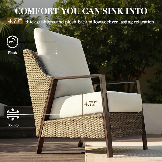 3 Piece Wicker Patio Bistro Set, All Weather Outdoor Conversation Set with Thick Washable Olefin Cushions, 2 Armchairs & Coffee Table for Backyard Deck Porch, Beige