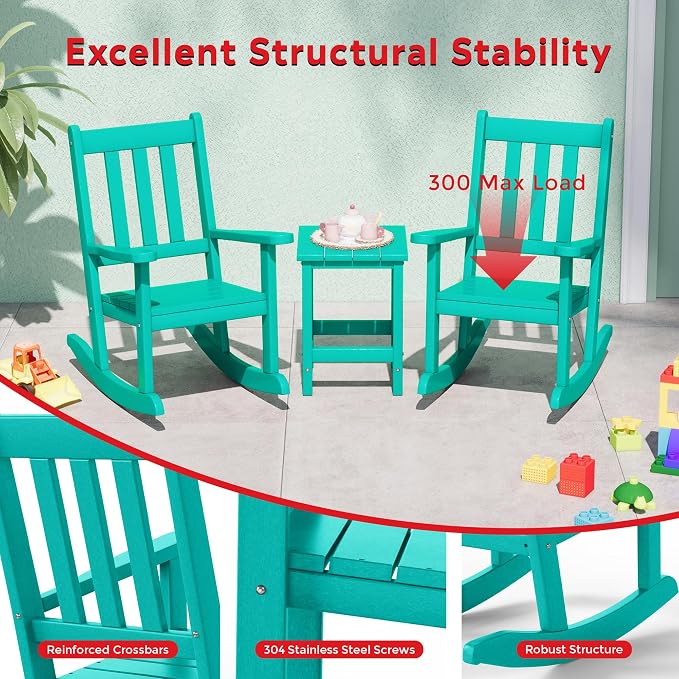 Costaelm Paradise Kids 3-Piece Outdoor HDPE Plastic Square Side Table and Rocking Chairs Set, Turquoise