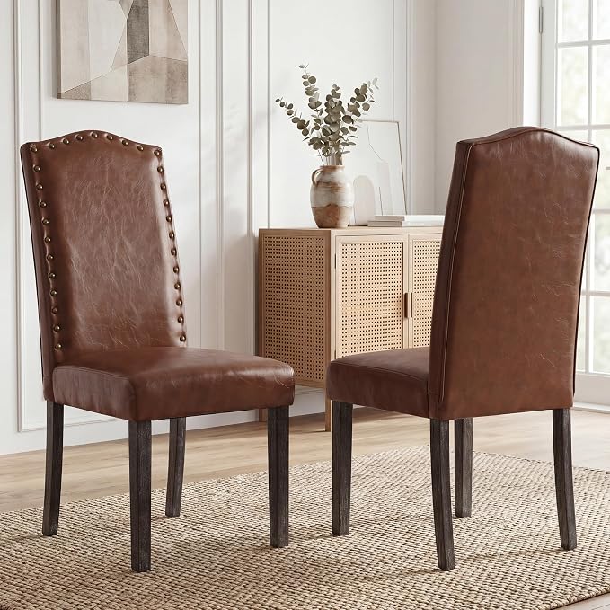 LSSBOUGHT PU Dining Chair Upholstered Parsons Kitchen Chair with Copper Nails and Solid Wood Legs for Dining Room,Restaurant (Brown, 4PCS)