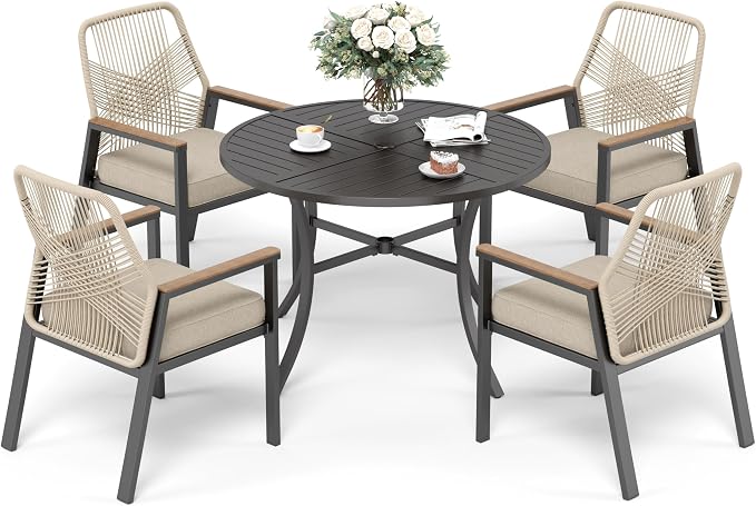 5 Pieces Patio Dining Set, 4 x Woven Rattan Chairs with Waterproof Cushion, 42” Metal Round Dining Table with Umbrella Hole, Outdoor Table and Chairs Set for Backyard Lawn and Deck, Beige
