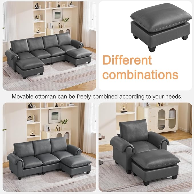 118" Faux Leather Modular Sectional Sofa with 2 Ottoman, Oversized 4 Seater Couch with Curved Armrests, Cloud Modern U-Shaped Sofa Deep Seat for Living Room, Grey