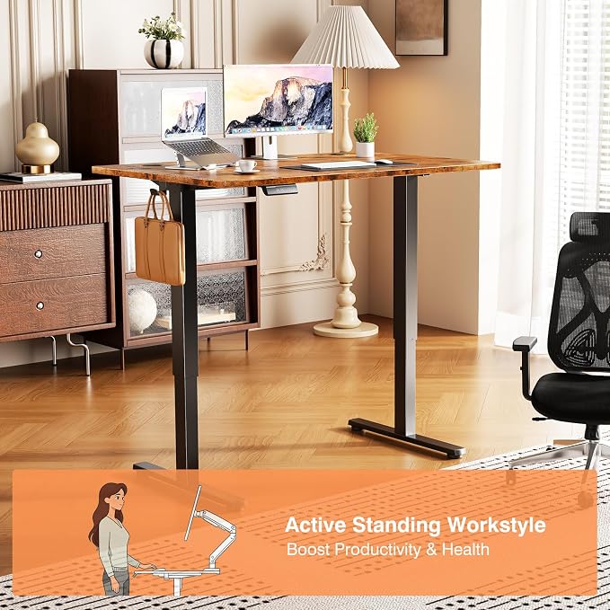 Sweetcrispy Electric Standing Desk Adjustable Height, 40x24 Inch Sit Stand Up Home Office Desks Computer Workstation PC Work Table with 3 Memory Preset Splice Wood Board Metal Frame, Rustic