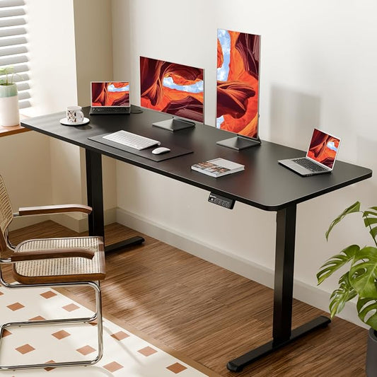 ERGOMAKER Electric Standing Desk, 63" x 23.6" Height Adjustable Sit Stand Desk with Splice Board for Home Office, Computer Desk Memory Preset (Black Frame, Black Desktop)