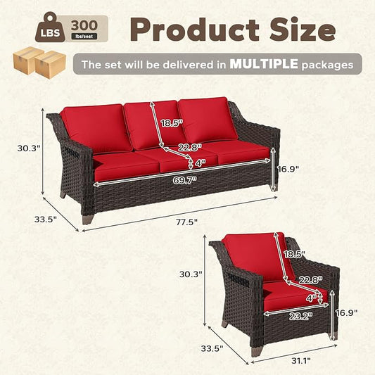 5 Pieces Patio Conversation Furniture Set - 1 Sofa, 4 Armchairs, Outdoor Wicker Furniture with Removable Cushions for Porch, Balcony, Sunroom (Red)
