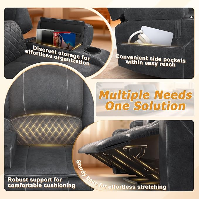 Upgraded Power Loveseat Reclining Couch, Reclining Loveseat Sofa RV Couch with Removable Armrest and Remote Control, Velvet Wall Hugger Home Theater Seating with 2-Tier Cushions, Storage (Velvet,Grey)
