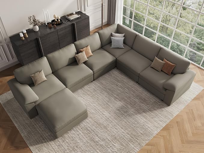 EASE MOOSE Faux Leather Sectional with Ottoman, Oversized Modular Couch, Modular Sectional Sofa with Deep Seat, Scratch Resistant Faux Leather Material, U Shaped Couch for Big Spaces, Light Grey
