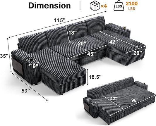 WEUP 108" Modular Sectional Sleeper Sofa with Pull Out Bed, 4 Seat Plush Corduroy U Shaped Couch with USB Ports|Cup Holders|Side Table|Storage Chaise Armrests, Tool Free Assembly, Grey
