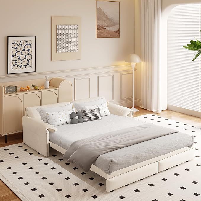 66" Sofa Bed Queen Size, Pull Out Couch Bed, 3-in-1 Convertible Sleeper Sofa with Side Pocket, Modern Velvet Futon Couch for Living Room, Small Space, Apartment, Bedroom, Beige