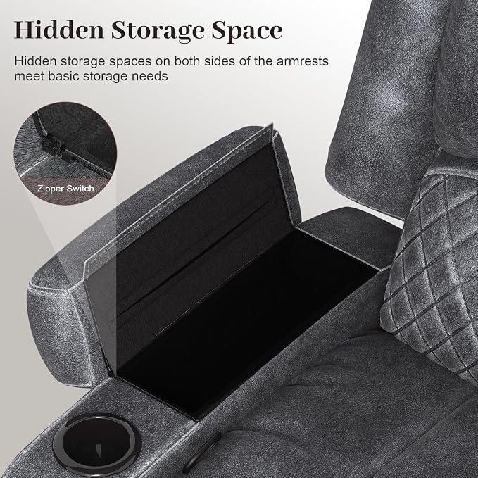Yolsali Recliner Chairs for Adults, Oversize Manual Reclining Chair with 2-Tier Cushions, Dutch Velvet Recliner Chair with Hidden Storage Space, Living Room Recliner Chairs with Cup Holders - Grey