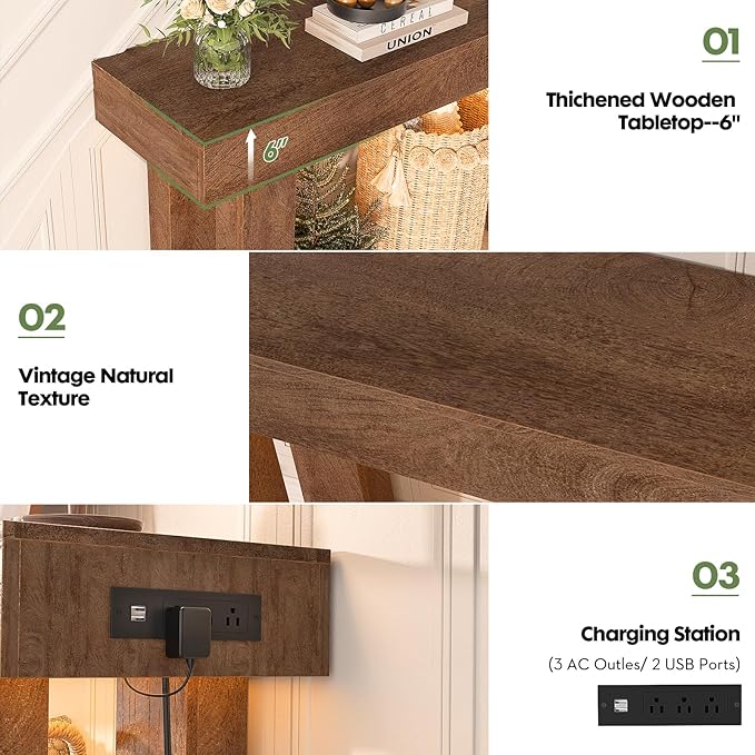 Unikito 47" Entryway Table with Socket and Sensor Light, Narrow Console Table with Storage Behind Couch, Farmhouse Entry Way Tables with Open Storage for Entrance/Hallway/Living Room, Rustic Oak