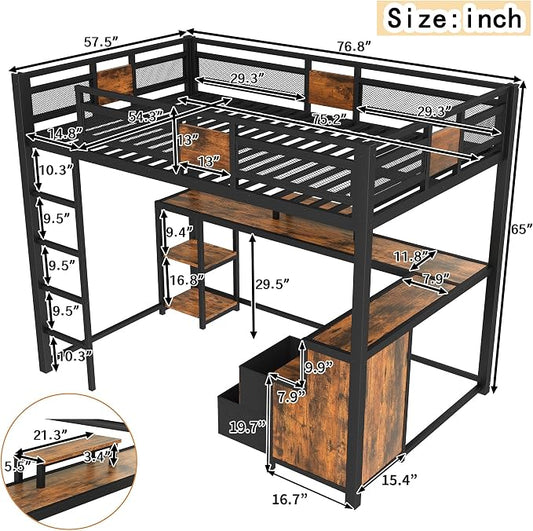 Bellemave Full Loft Bed with Desk & Storage Fabric Drawers, Shelves, Heavy Duty Full Size Metal Loft Bed Frame for Adults & Teens, Space Saving Bed for Small Room, Dorm & Apartment, Black